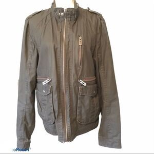 Guess Women’s Utility Bomber Coated Jacket Olive Moto Military Zip Pockets M